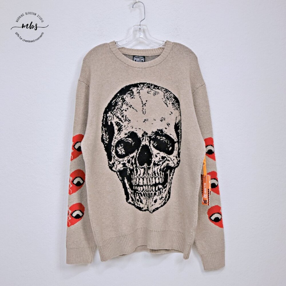 NWT RGSTR Heart Skull Crewneck Knit Goth Sweater Tan Black Red Men‎ XL